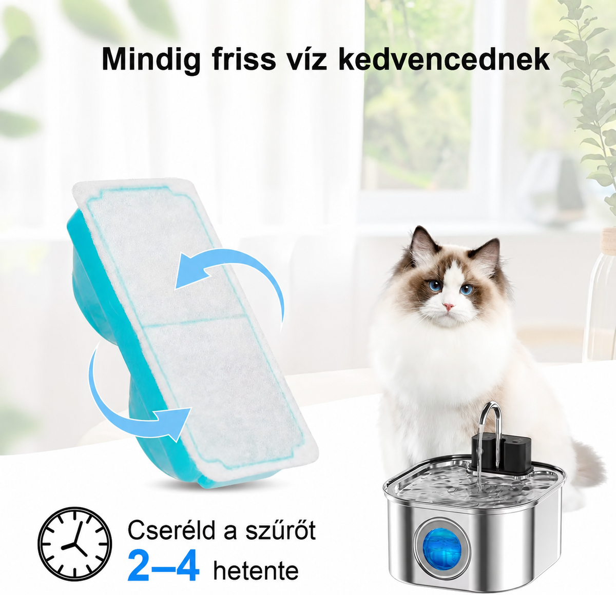 SmartFlow™ csere szűrő az automata kisállat-itatókúttal és macskával
